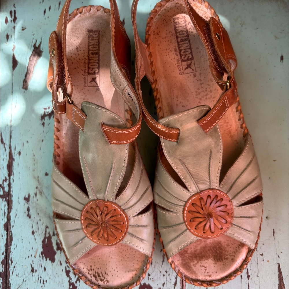 PIKOLINOS minty/aqua and Tan Leather Slingback Sandals 7.5